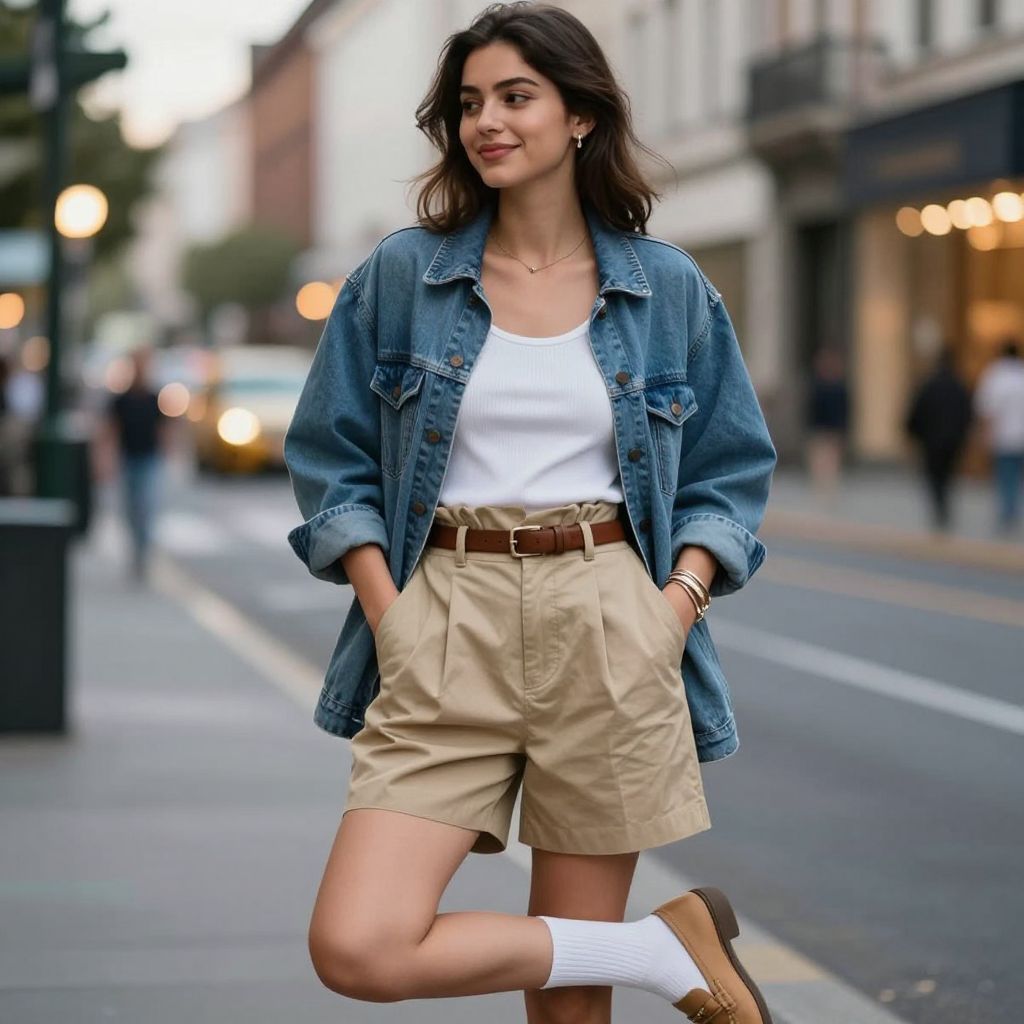 Denim shacket and paper bag shorts