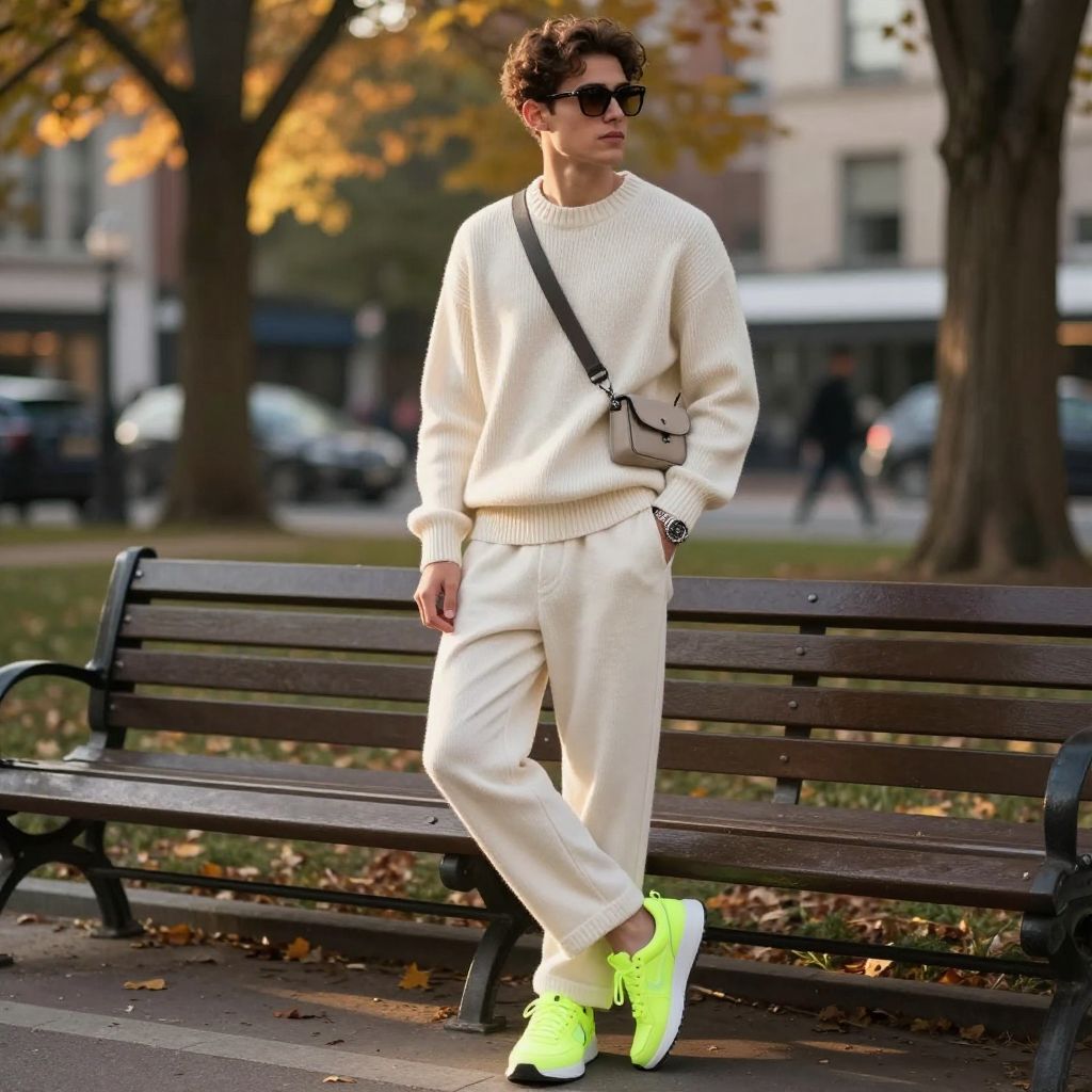 Monochrome knit set with statement sneakers