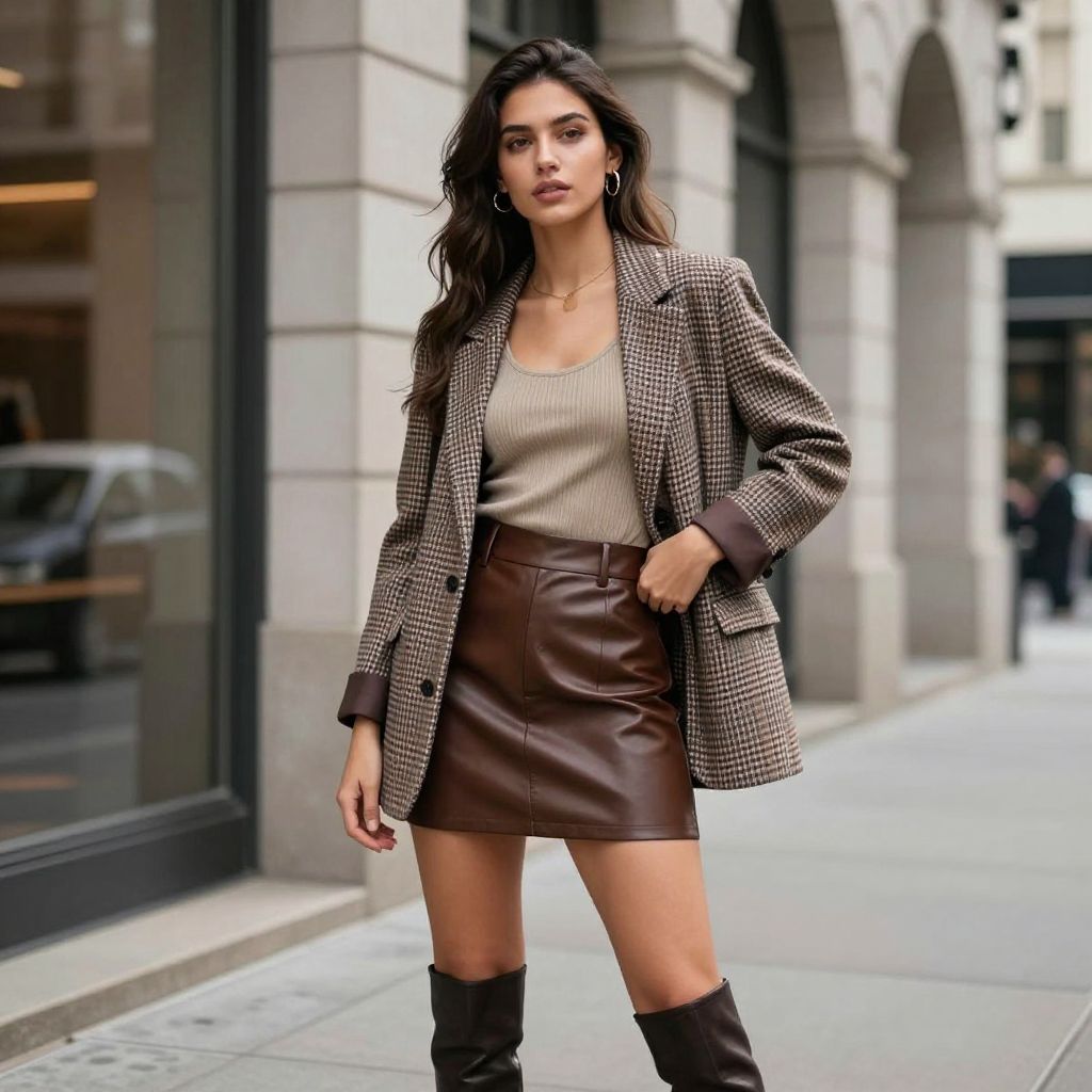 Plaid blazer with ribbed tank and leather mini