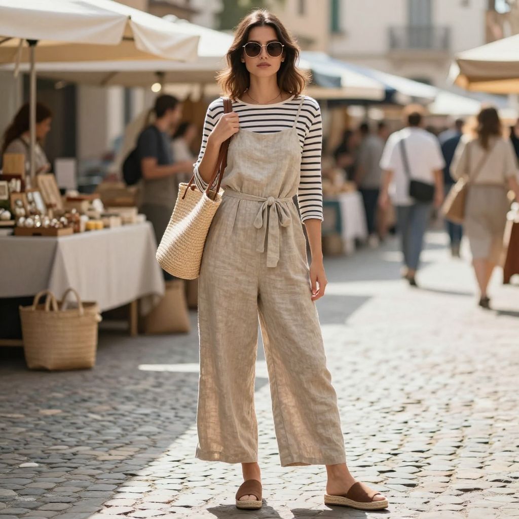 Linen blend jumpsuit with long sleeve tee