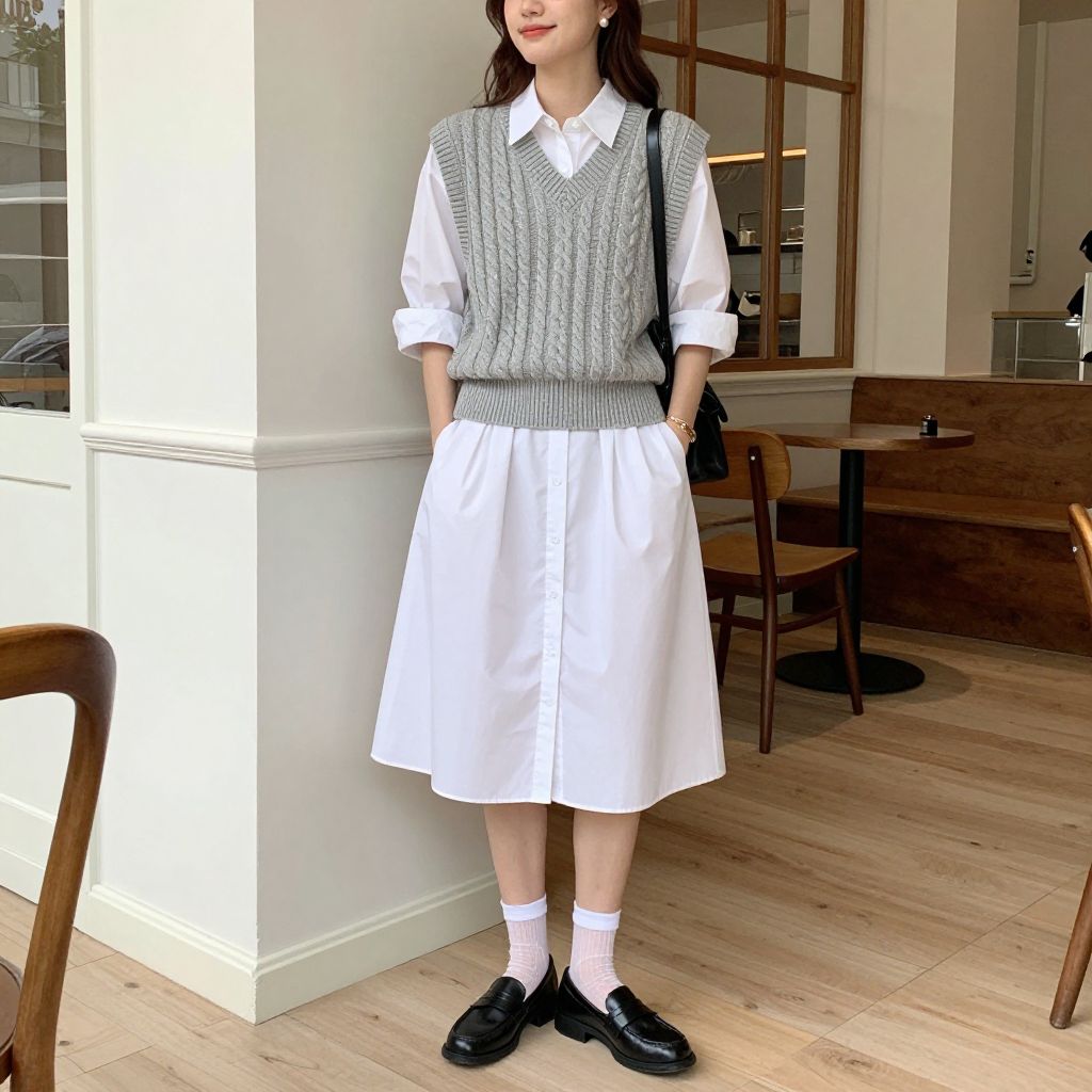 Cable knit vest over shirtdress