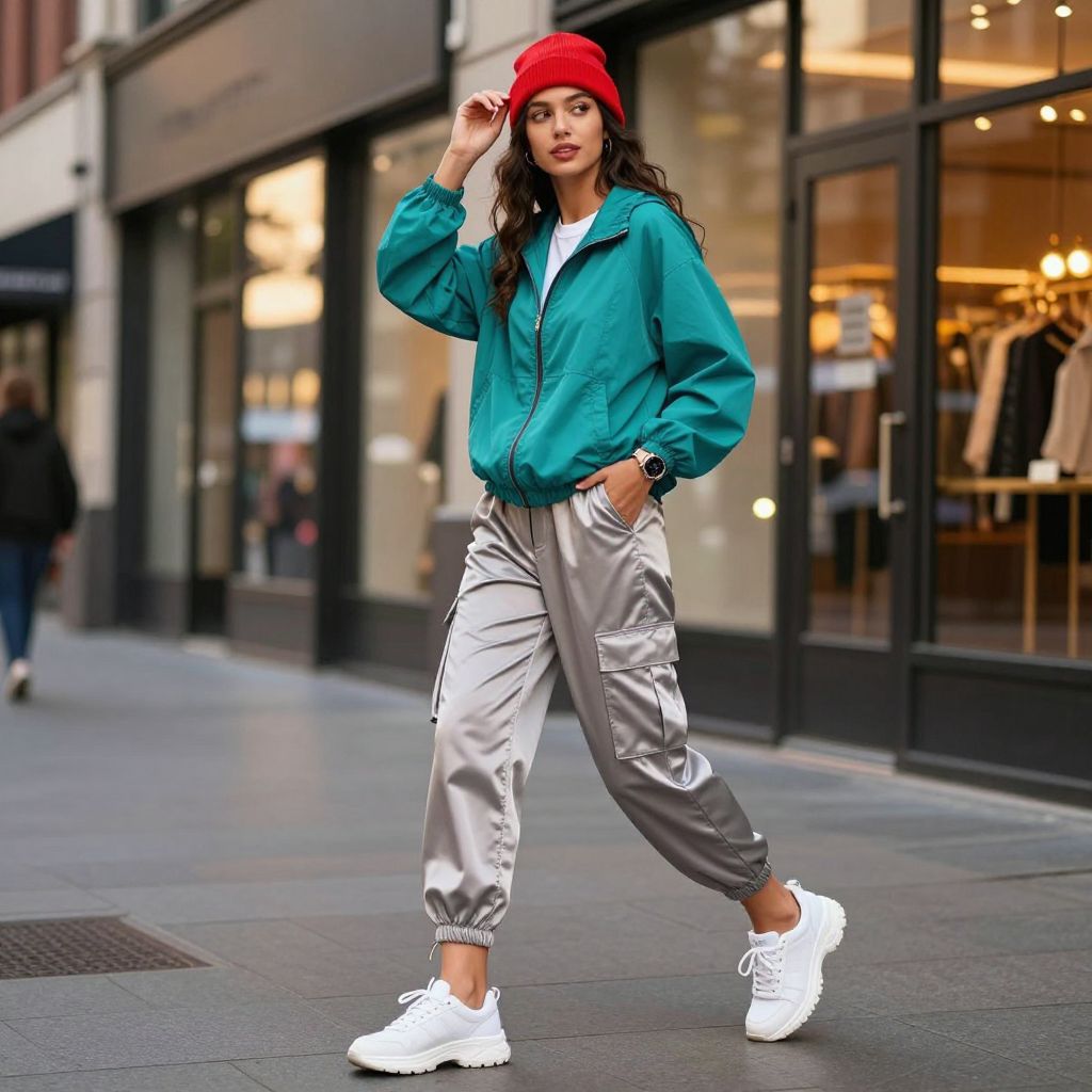 Sporty windbreaker with satin cargo pants