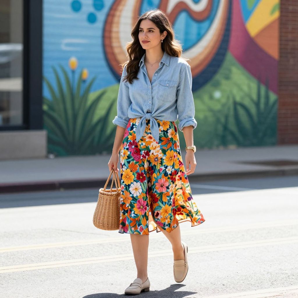 Chambray Shirt and Printed Midi Skirt