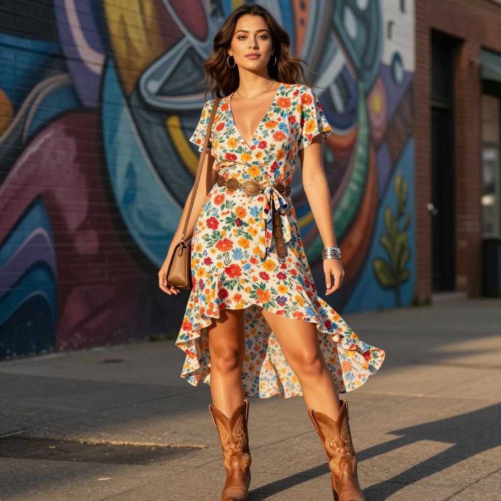 Floral Wrap Dress and Western Boots