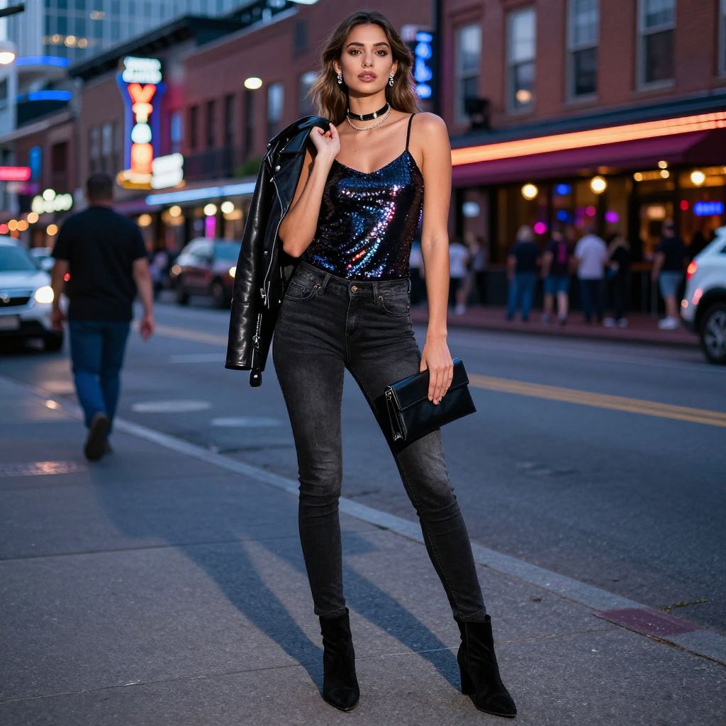 Sequin Camisole and Black Jeans