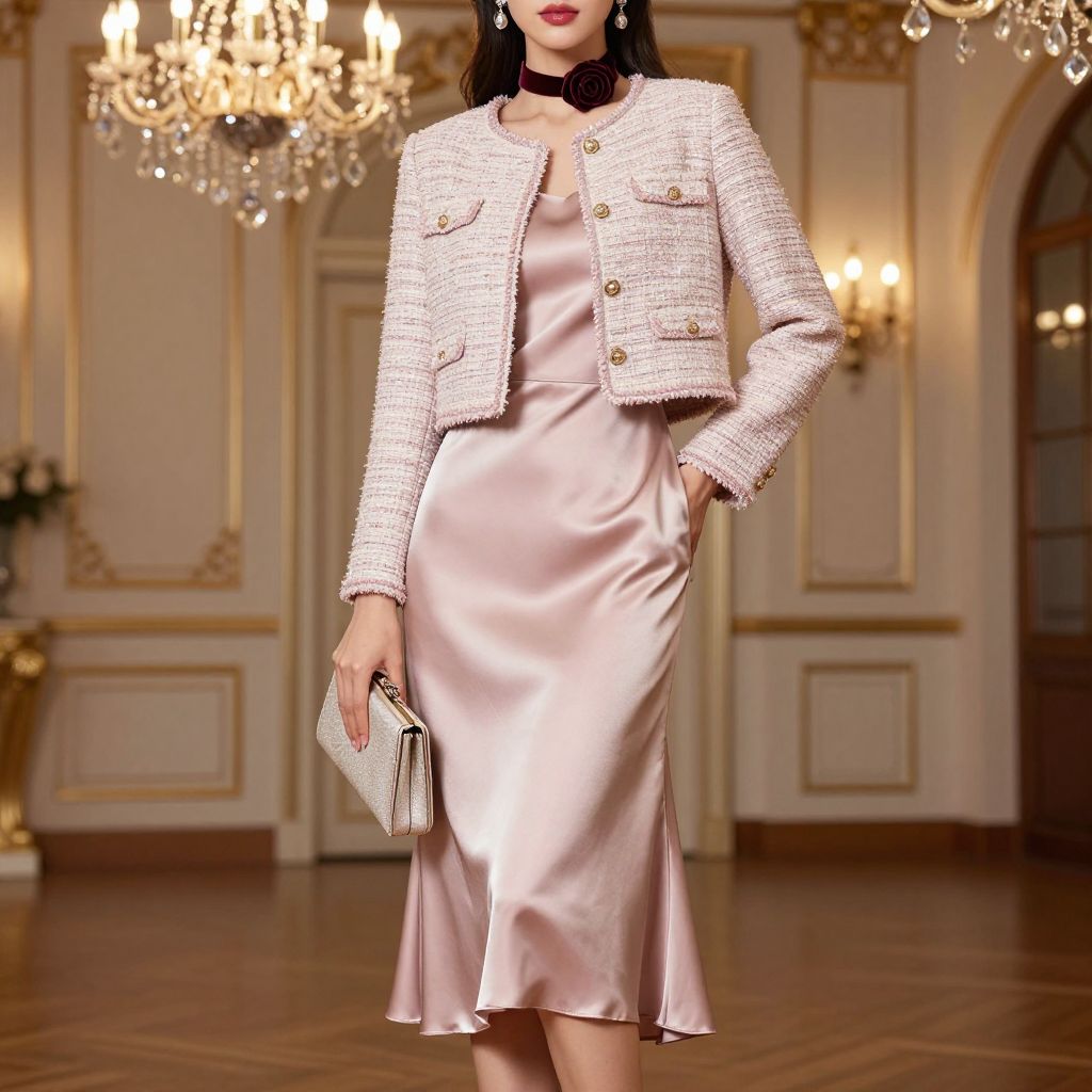 Cropped tweed jacket over formal dress