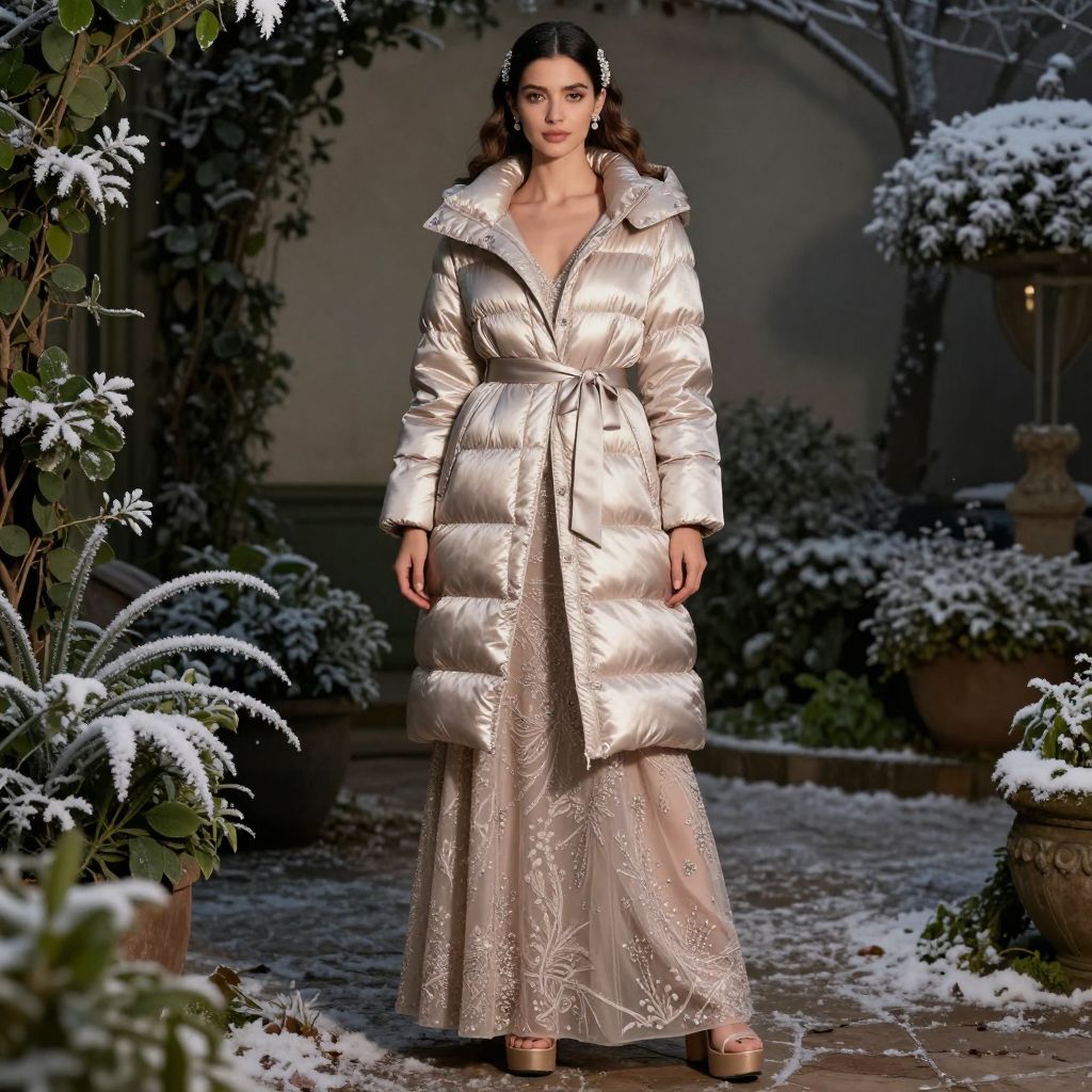 Metallic puffer jacket over formal dress