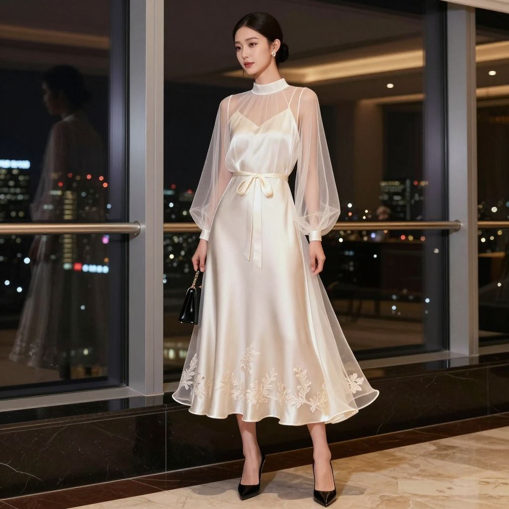 Sheer organza overlay over formal dress