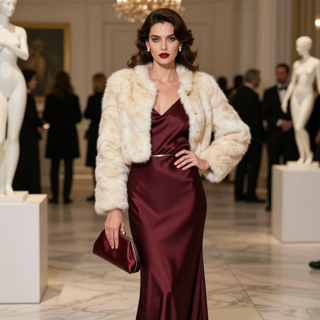 Cropped faux fur jacket over formal dress