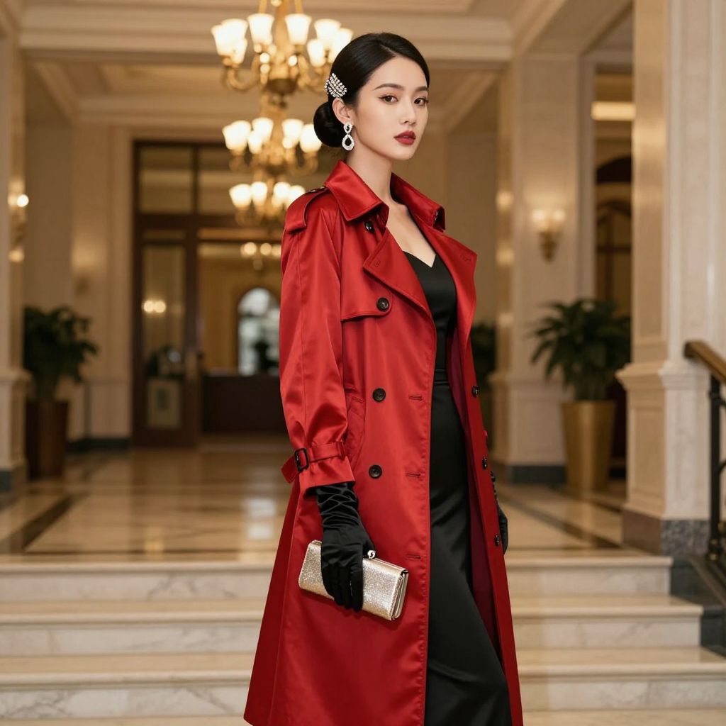 Satin trench coat over formal dress