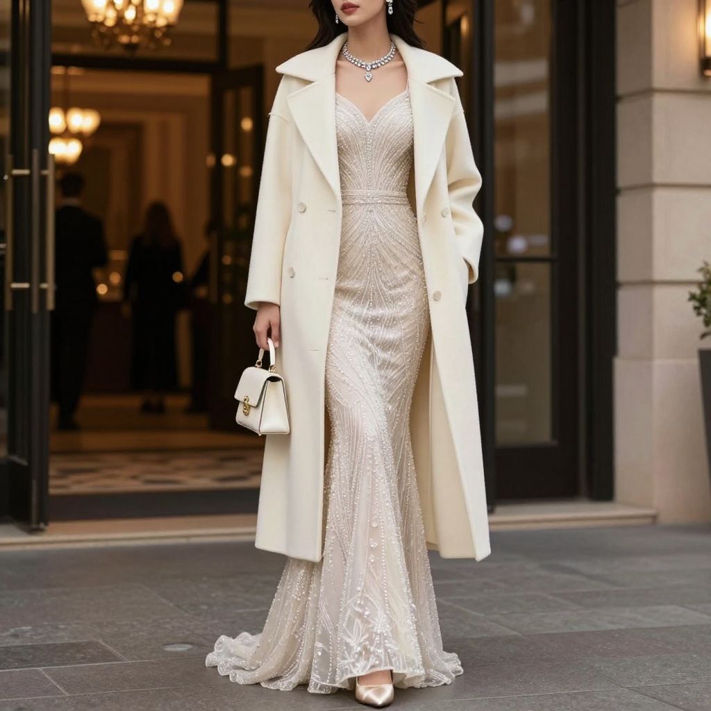 Collarless wool coat over formal dress