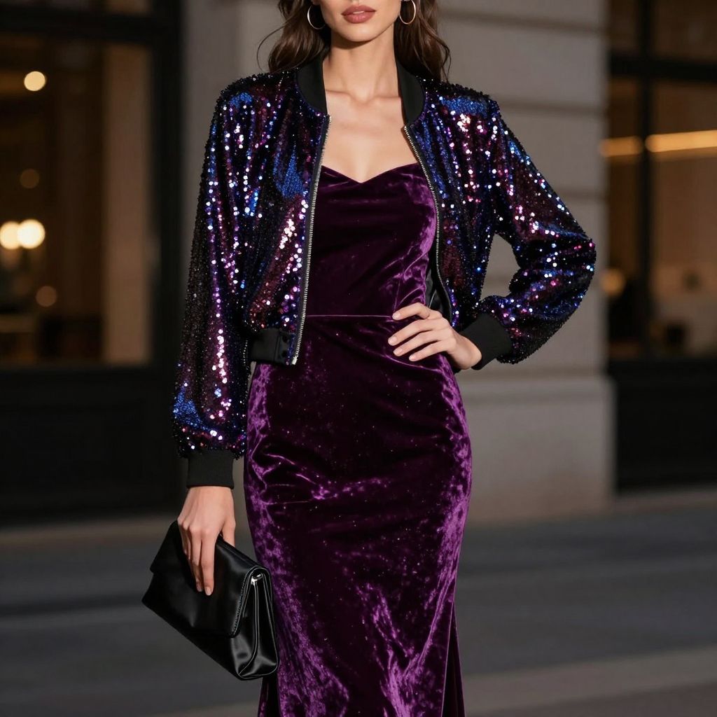Sequin bomber jacket over formal dress