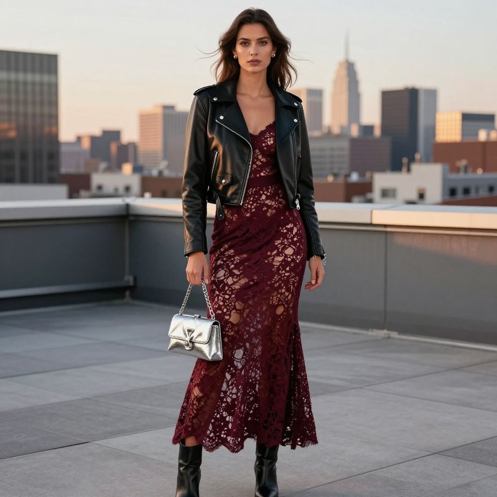 Leather moto jacket over formal dress
