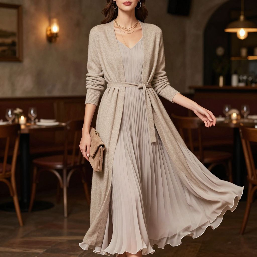 Longline cardigan over formal dress