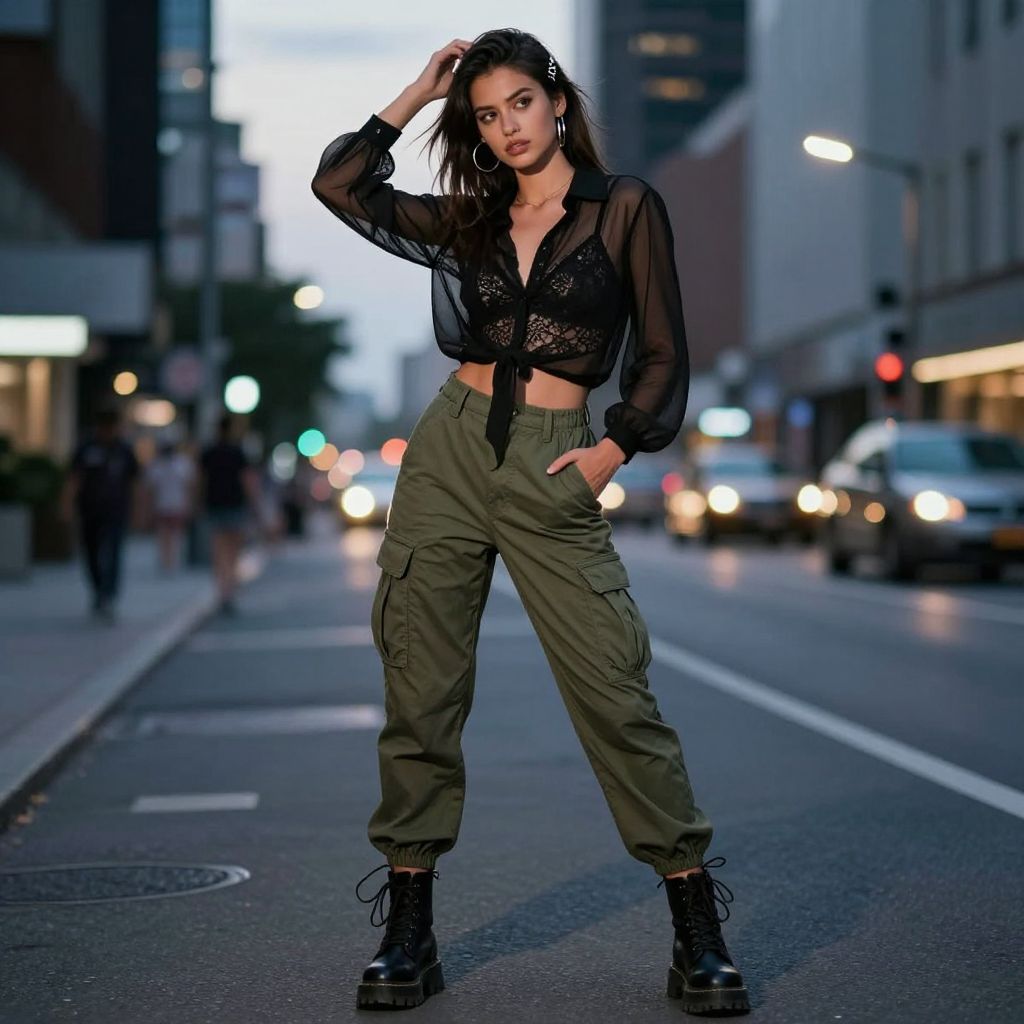 Sheer Top with Cargo Pants