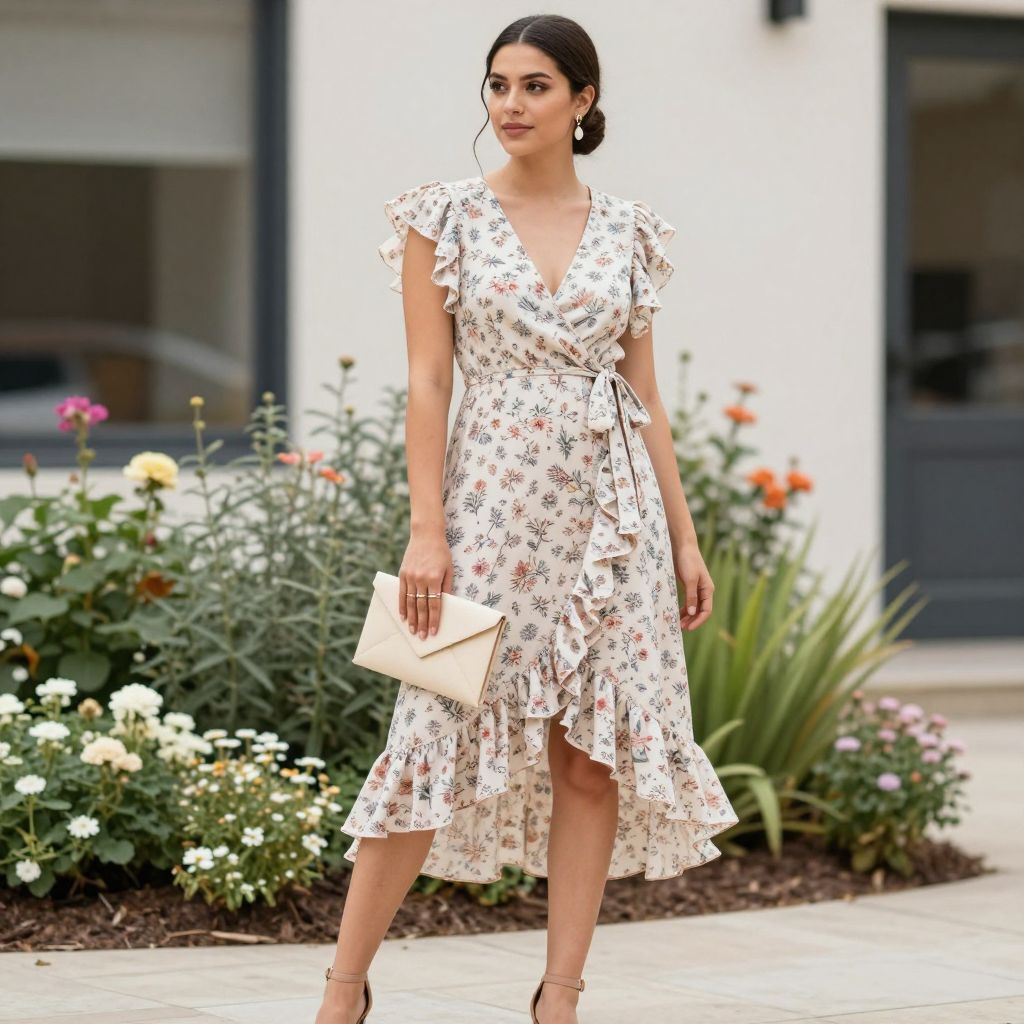 Printed Wrap Dress With Ruffles