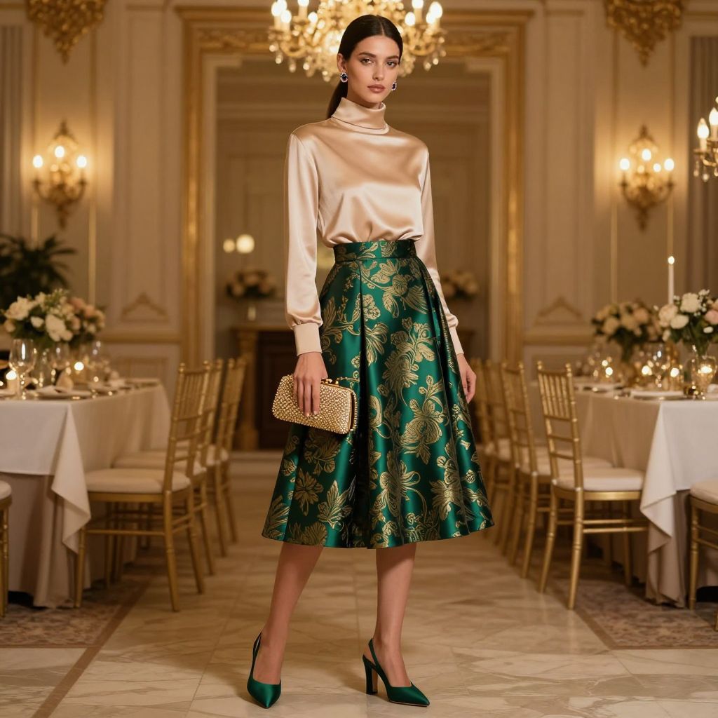 Brocade A Line Skirt And Silk Turtleneck