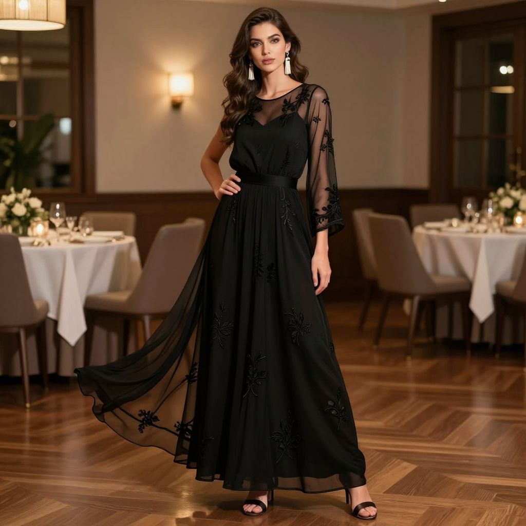 Sheer Overlay Gown With Column Base