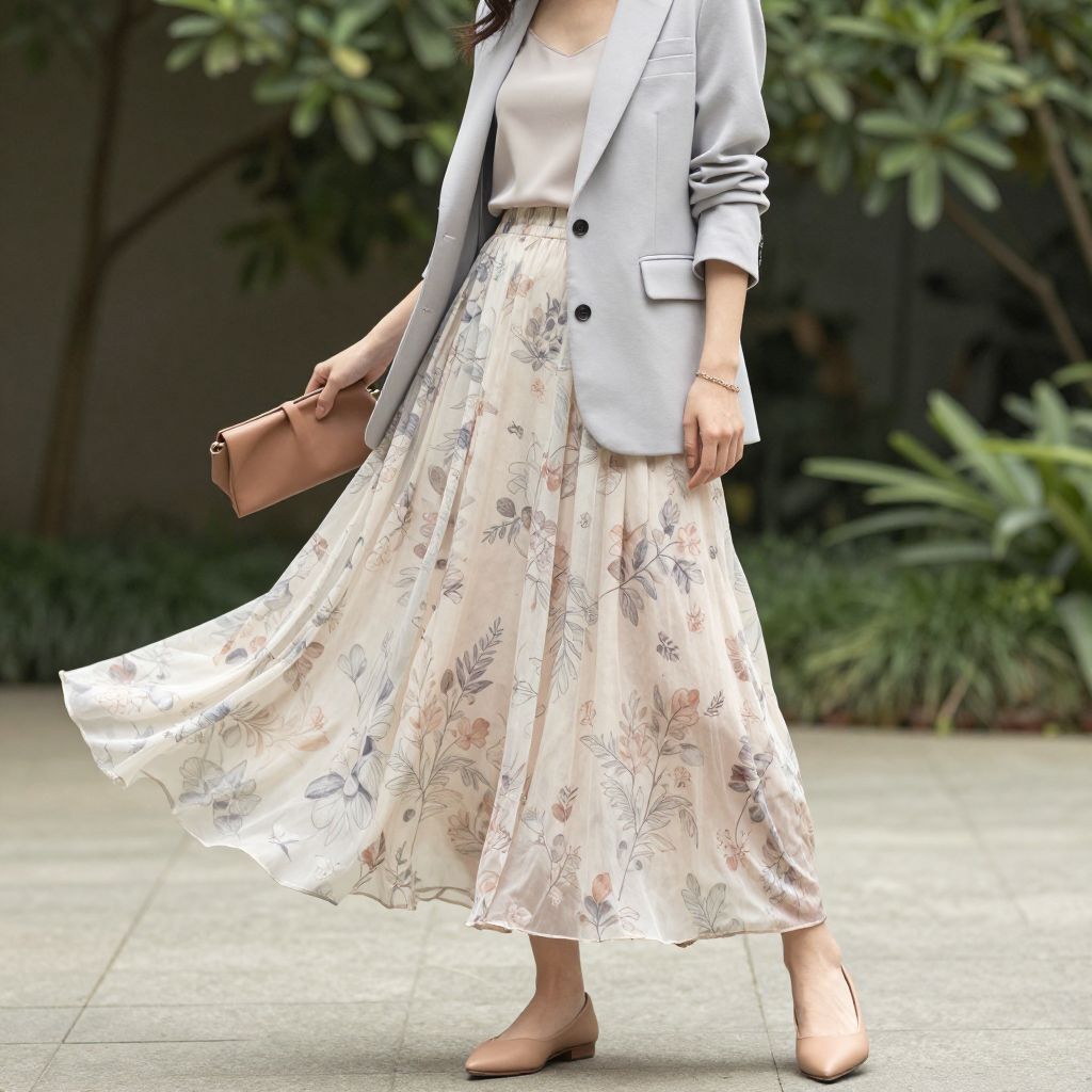 Light Blazer With Printed Maxi Skirt Outfit