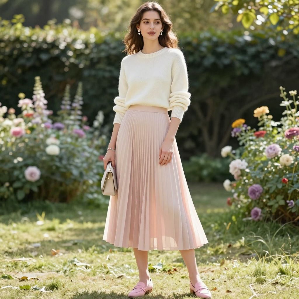 Pleated Skirt And Lightweight Knit Outfit