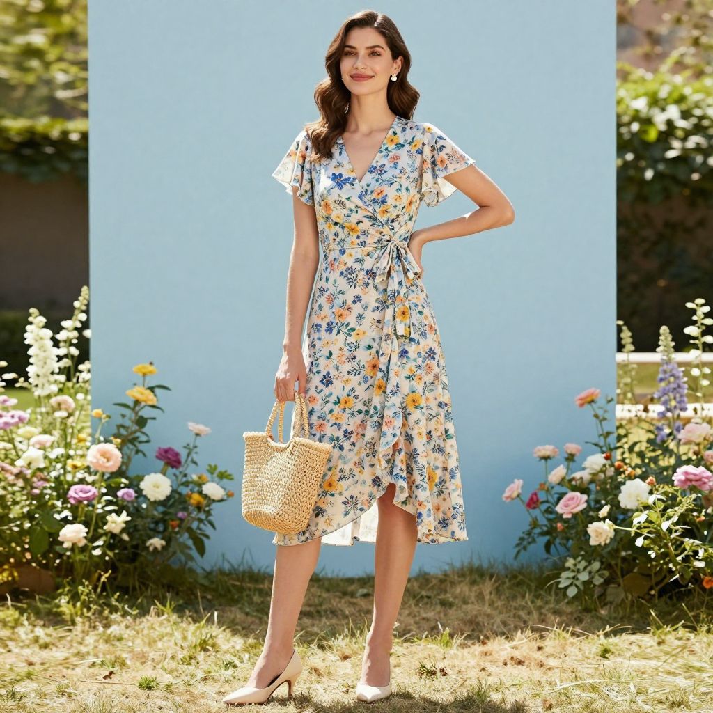 Floral Wrap Dress And Kitten Heel Outfit