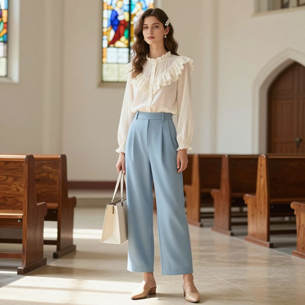 Ruffle Blouse And Wide Leg Trouser Outfit