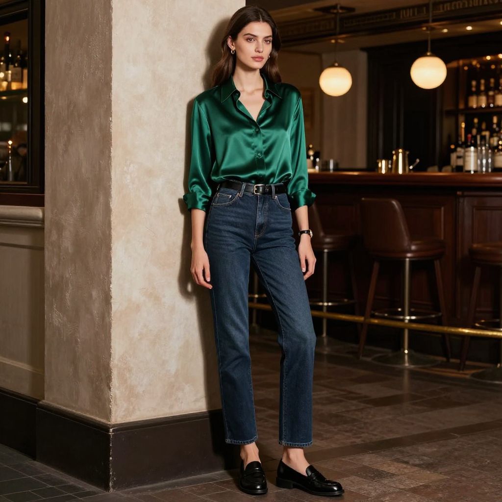 Satin Shirt and Dark Denim Outfit