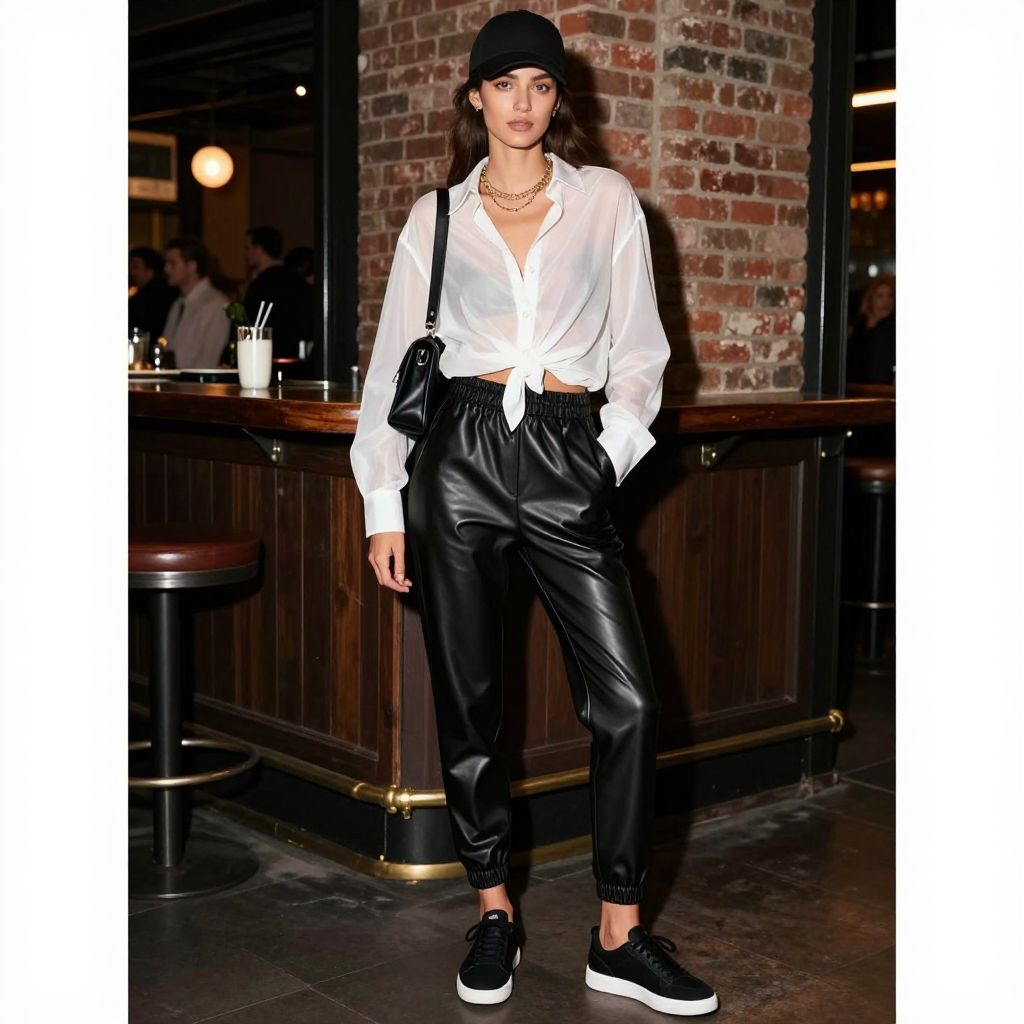 Sheer Button Shirt and Leather Jogger Outfit