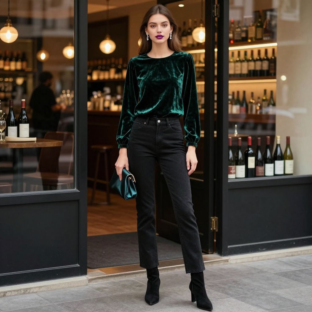 Velvet Blouse and Straight Cut Black Jeans Outfit