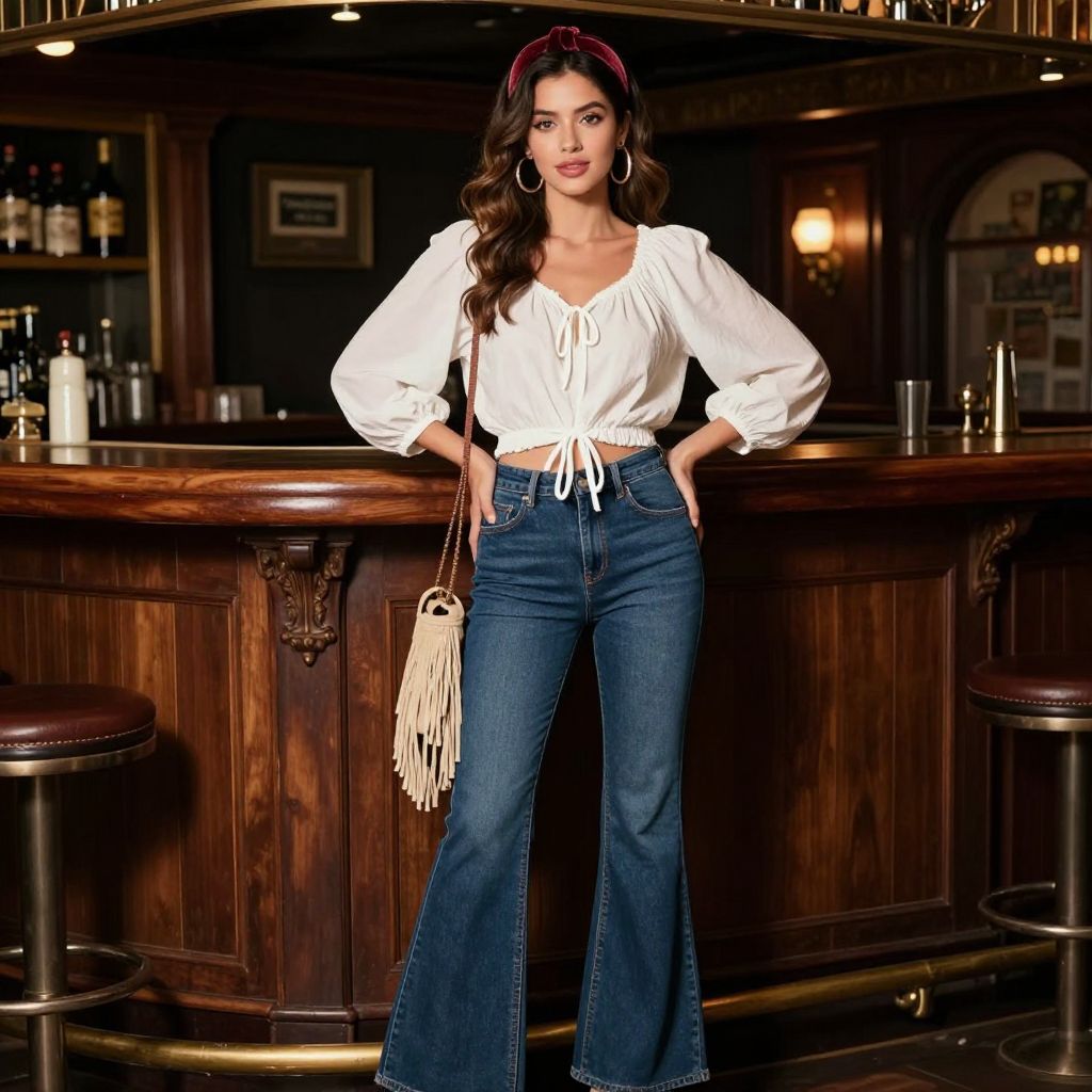 Tie Front Blouse and Flared Jeans Outfit