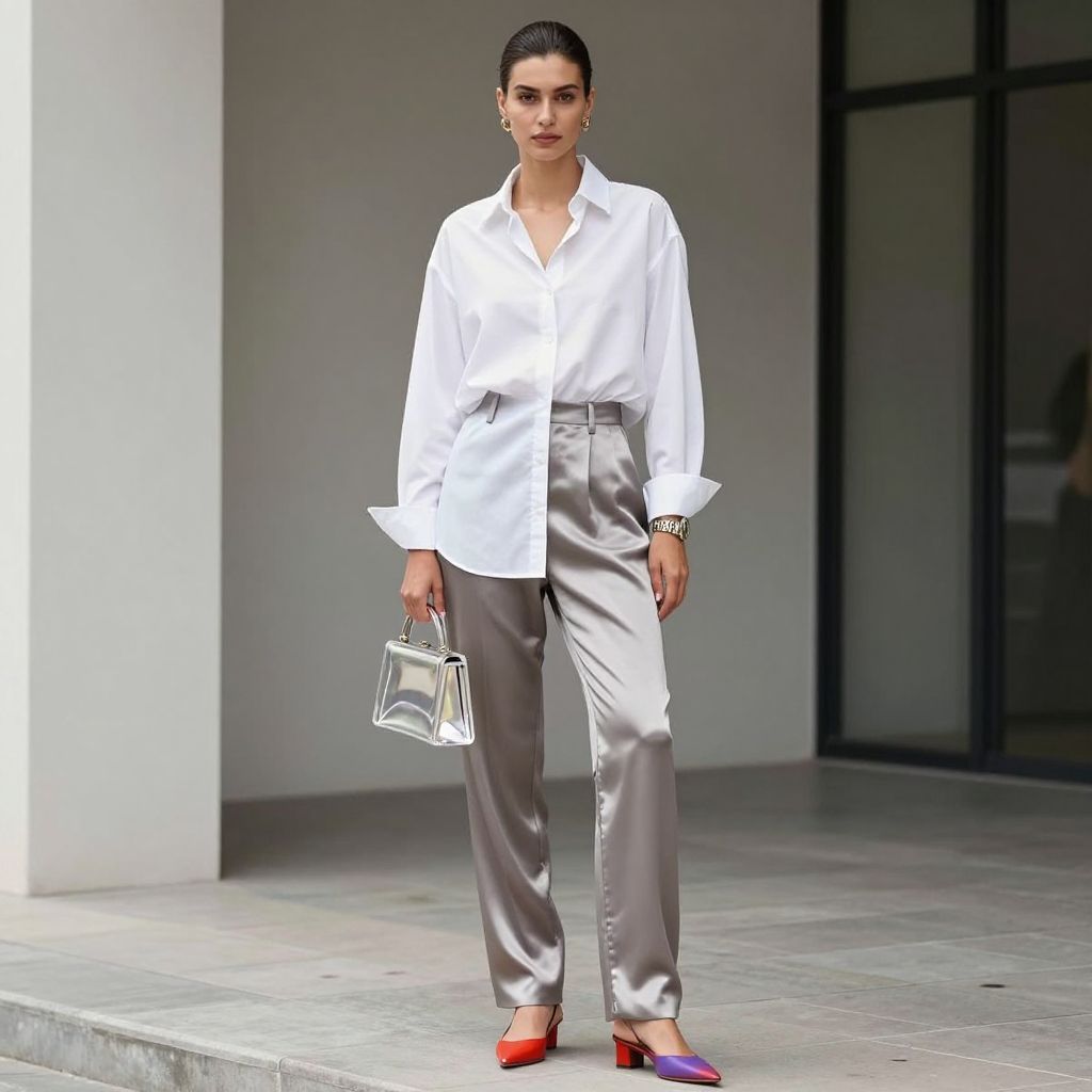 High Shine Trousers And Oversize Button Up