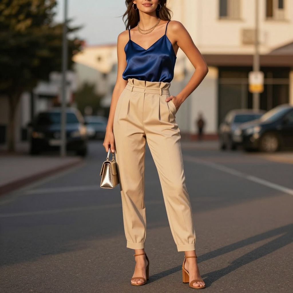 Satin Cami And Paperbag Trouser Pair