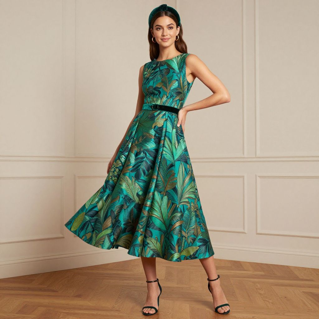 Brocade Fit And Flare Dress With Velvet Headband