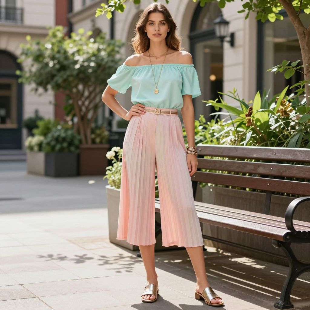 Pleated Pastel Culottes and Off Shoulder Top