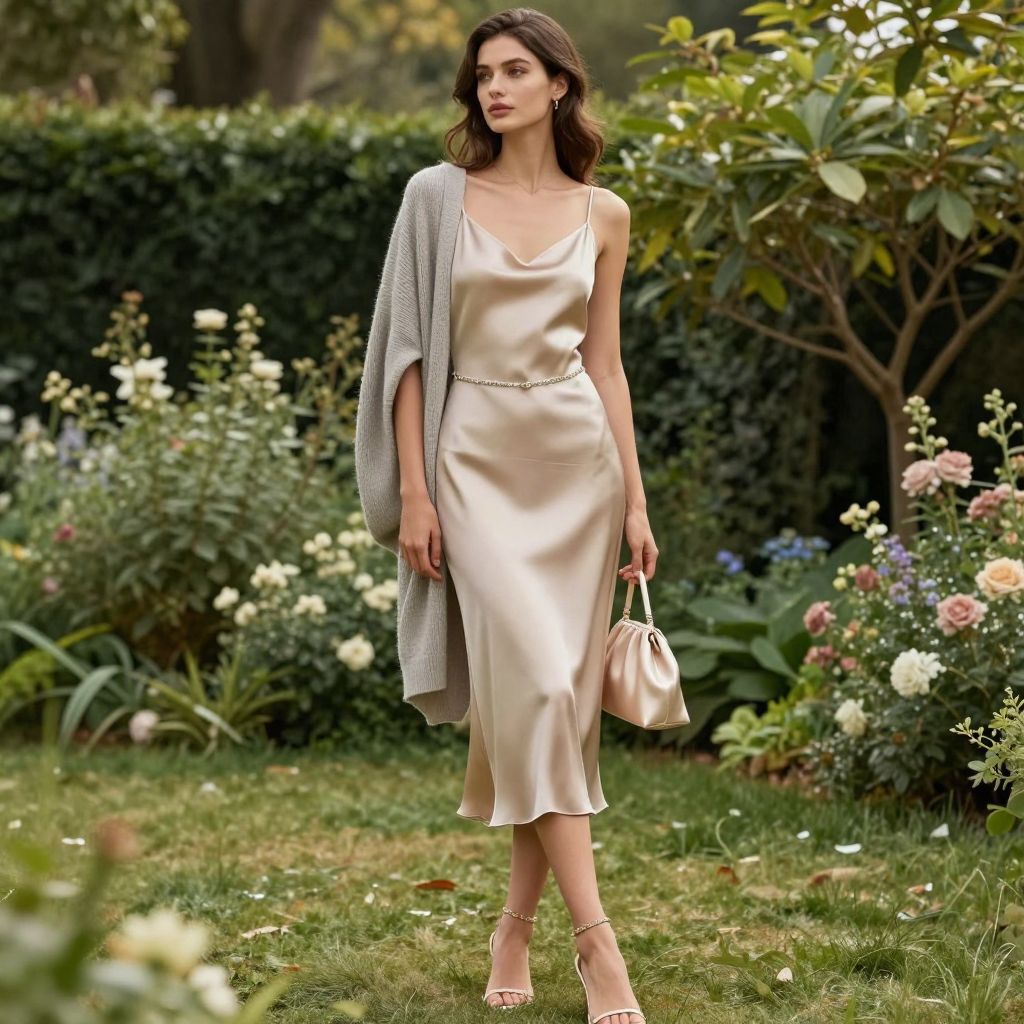Silk Slip Dress with Cardigan Draped Shoulders