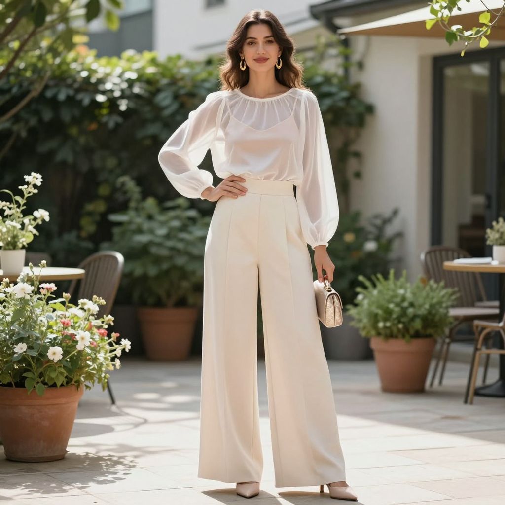 Sheer Blouse and Wide Leg Trousers