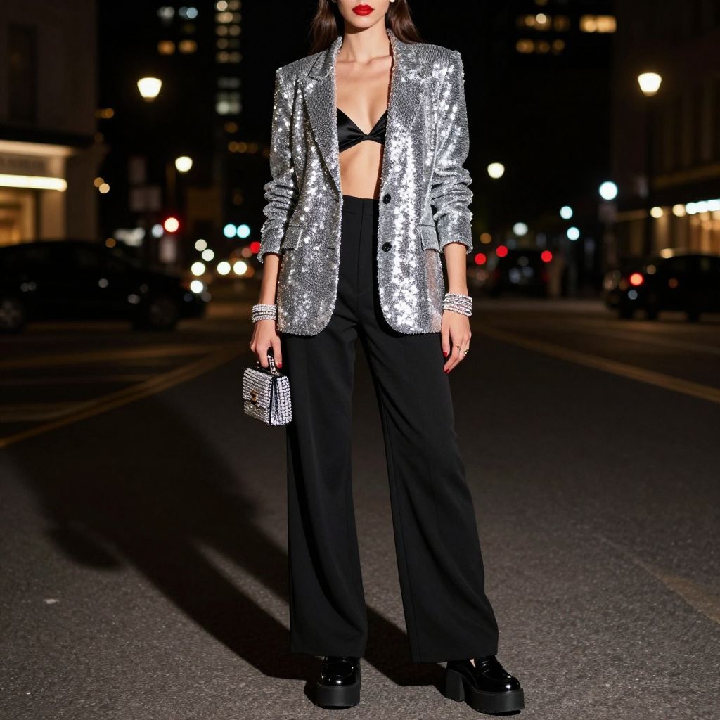 Sequin Blazer With Satin Bralette