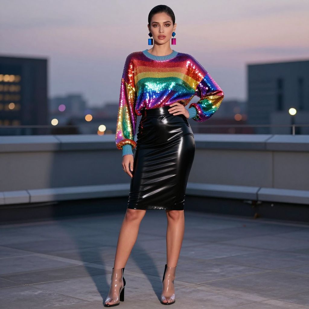 Latex Pencil Skirt With Oversized Sequin Sweater