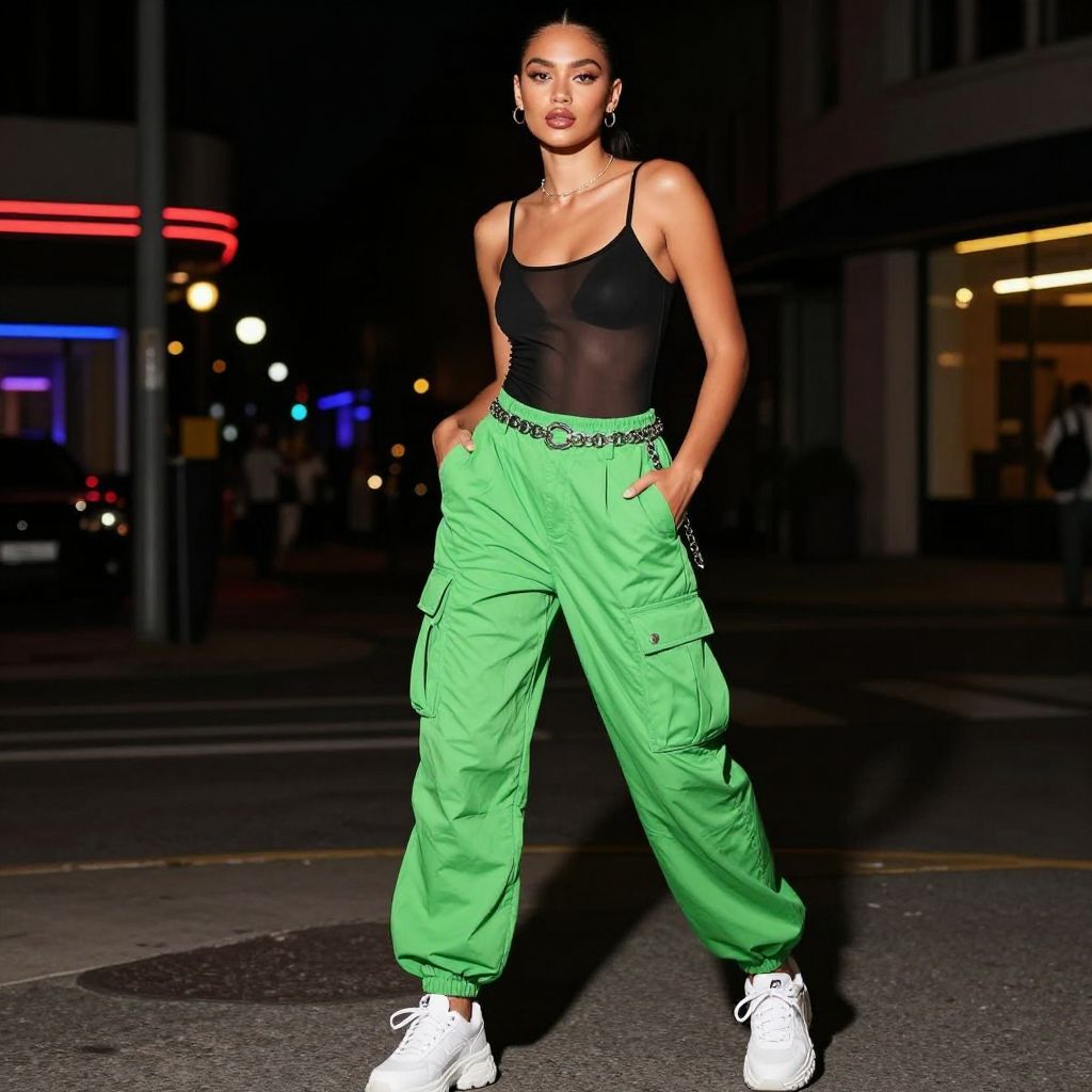 Mesh Bodysuit With Neon Cargo Pants