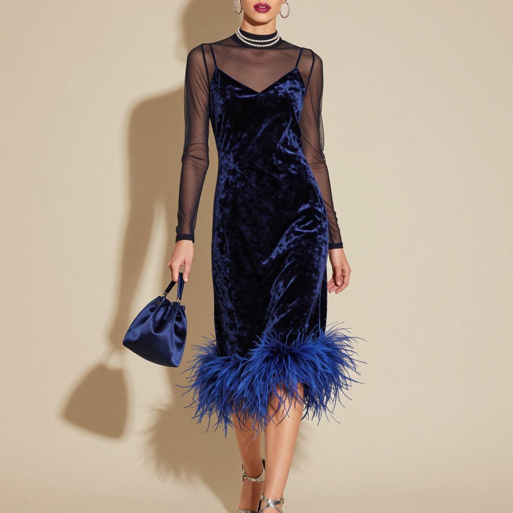 Velvet Slip Dress With Feather Trim