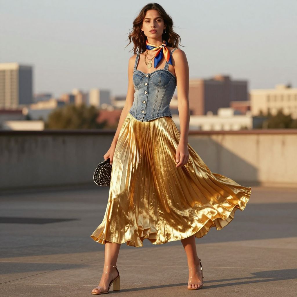 Denim Bustier With Pleated Metallic Skirt