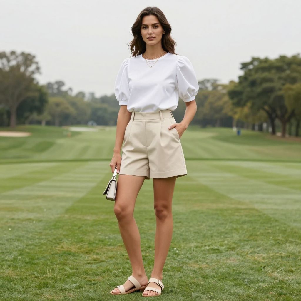 Puff sleeve top and paperbag shorts outfit