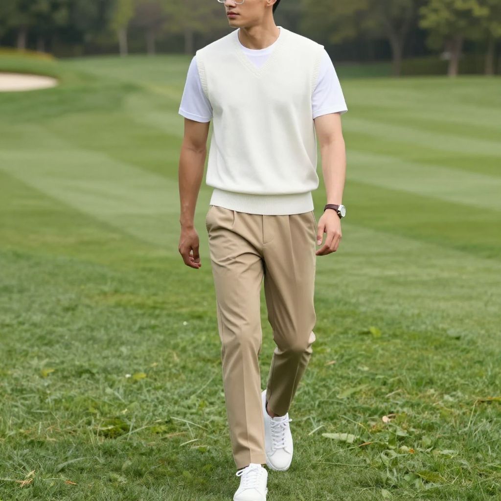 Sweater vest and pleated trouser outfit