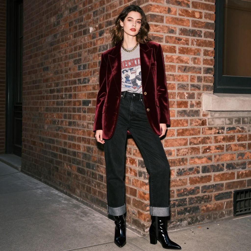 Velvet Blazer Over Graphic Tee
