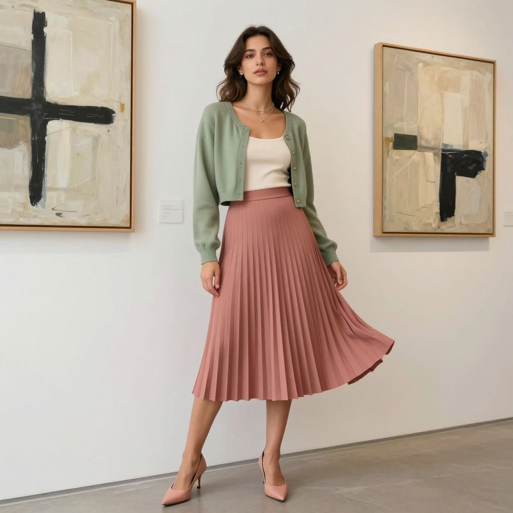 Cropped Cardigan And Pleated Midi Skirt