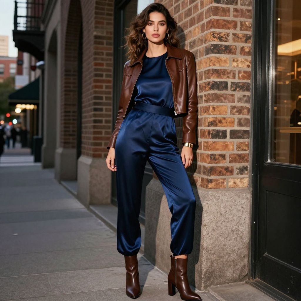 Leather Jacket And Satin Jumpsuit