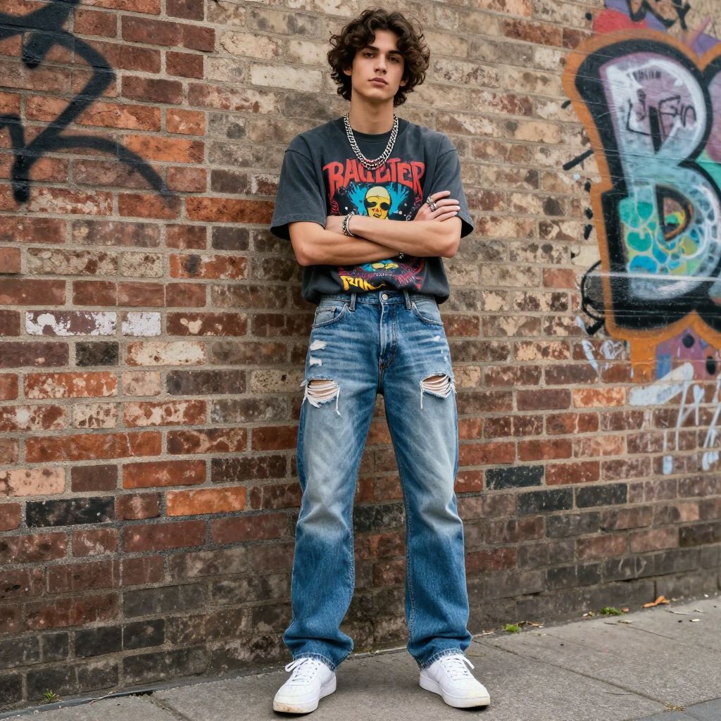 Vintage graphic tee and distressed denim outfit
