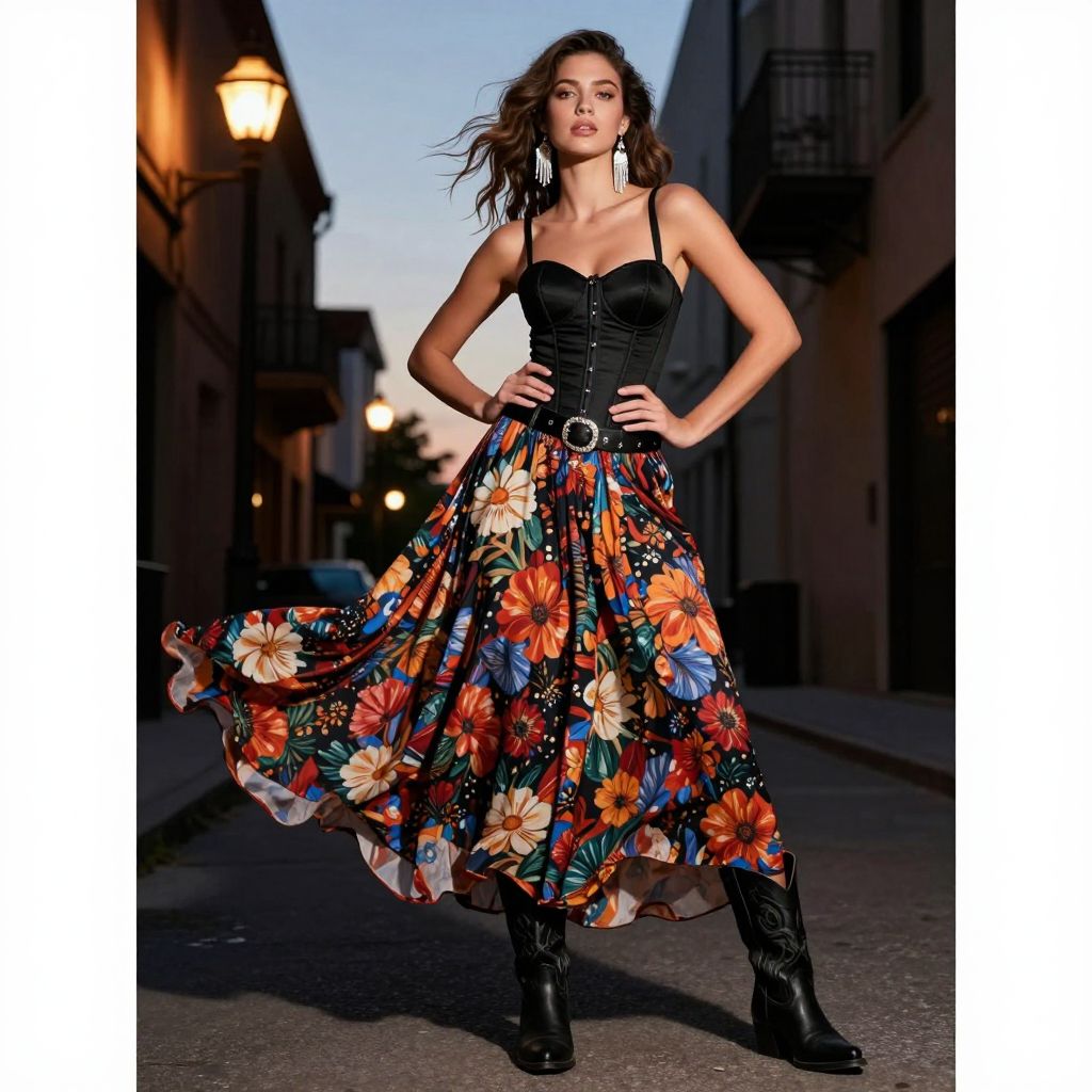 Printed maxi skirt with corset top and western boots outfit