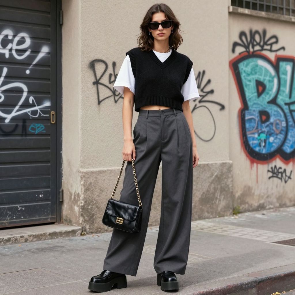 Cropped sweater vest over long tee with wide leg trousers outfit