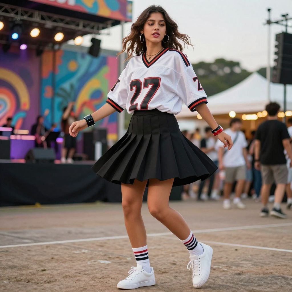 Sports jersey tucked into pleated skirt with sneakers outfit